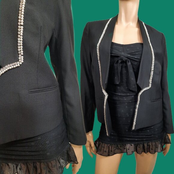 Sass & Bide Rhinestone Faux Pearl Embellished Blazer Black Wool Blend 38 Size S - Picture 1 of 7